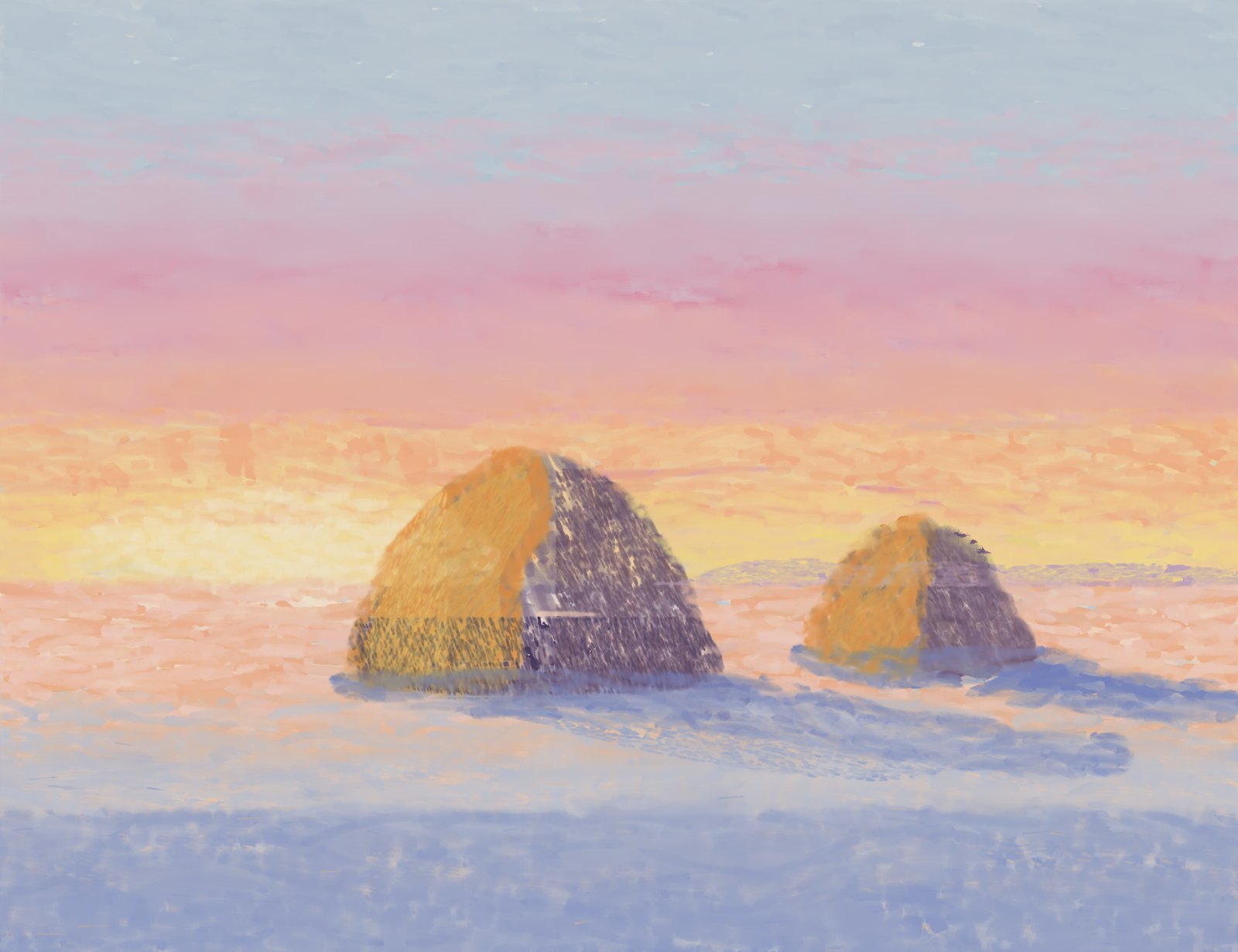 Meules, soleil couchant, hiver